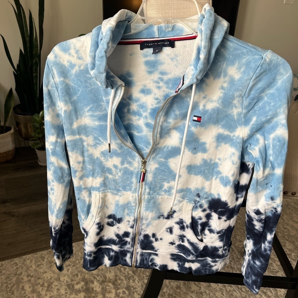 EUC Tommy Hilfiger Blue Tie Dye 100% Cotton Zip Jacket with Pockets, M